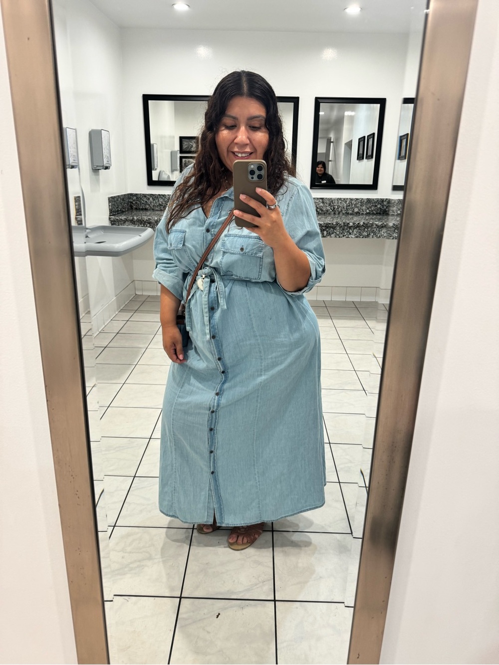 Light Blue Denim-Style Maxi Shirt Dress with Tie Waist